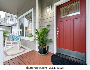Renton, WA, USA - Oct. 17, 2021: Modern residential front porch exterior