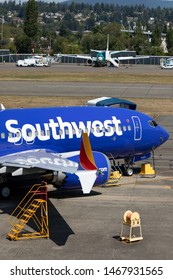 Renton, Washington / USA - July 31 2019: Furloughed Southwest Boeing 737 MAX Airplane, Parked On The Tarmac At The Renton Airliner Factory