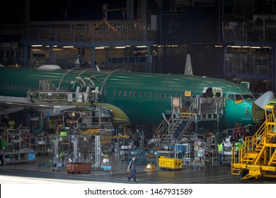 Renton, Washington / USA - July 31 2019: Partially Built Boeing 737 MAX Airliner Inside The Renton Factory