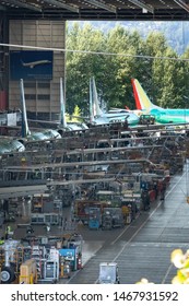 Renton, Washington / USA - July 31 2019:  Boeing 737 MAX Airliner Assembly Line Inside The Renton Airplane Factory