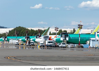 Renton, Washington / USA - July 31 2019: Row Of Boeing 737 MAX Airliners Parked Outside The Renton Factory