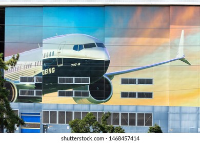 Renton, Washington / USA - July 31 2019: Hangar Door For The Boeing 737 MAX Airliner Factory In Renton, With Space For Text On The Right