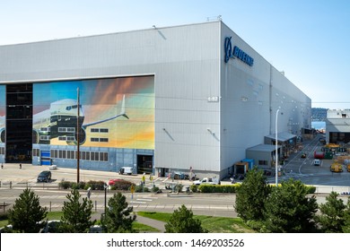 Renton, Washington / USA - July 31 2019: Boeing 737 MAX manufacturing center in Renton, in an industrial aviation scene