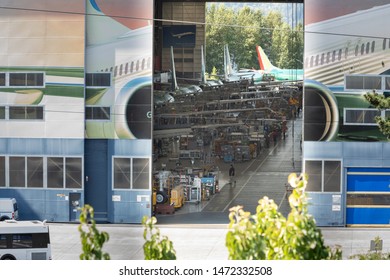 Renton, Washington / USA - July 31 2019:  View Of The Boeing 737 MAX Airliner Assembly Line Inside The Renton Airplane Factory