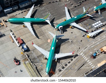 Renton, Washington / USA - September 09 2018: Aerial View Of Boeing 737 MAX Parked Outside The Company Factory At Renton Airport. Aircraft Model Currently Grounded Worldwide Due To Two Fatal Crashes.