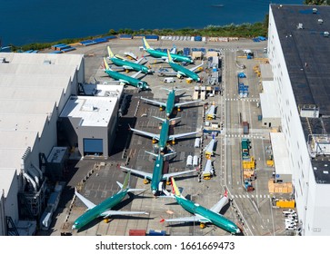 Renton, Washington / USA - September 09 2018: Multiple Boeing 737 MAX at the assembly line in company's factory. Aircraft model grounded due to safety concerns by regulatory agencies like FAA and EASA