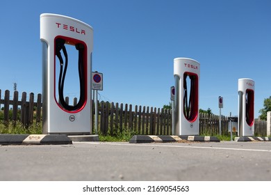 Reocin, Spain - May 29, 2022: Tesla supercharger fast charging station for electric vehicles of the Tesla brand