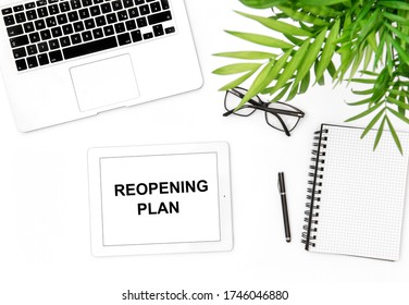 Reopening Plan Concept. Office Workplace Flat Lay. Laptop, Tablet Pc, Notebook