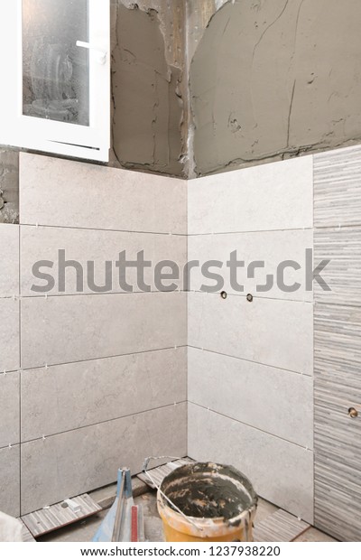 Repair Bathroom Renovation Home Unfinished Ceramic Stock Photo