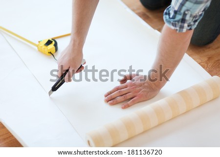 Similar – Image, Stock Photo The worker cuts the parquet on a circular saw
