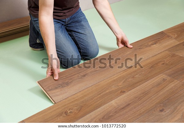 Repair Concept Man Installing Laminate Floor Stock Photo Edit Now