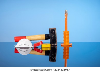 Repair And Construction Tools, Sledgehammer, Chisel, Mask And Electrical Tape. Do It Yourself Concept, Sale Of Goods For Renovation And Construction, Home Renovation Services.