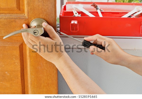 Repair Door Knobs Wooden Doors Metal Stock Photo Edit Now 1528191665