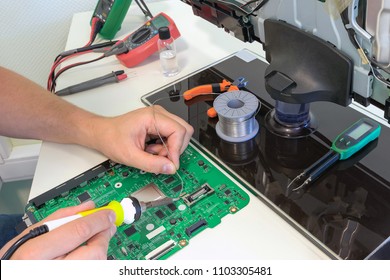 Repair Led TV Parts In Service Center, Soldering Electronic Components Using Measuring Appliance