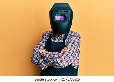 Repair Man Wearing Professional Welding Mask Over Head Covering Face For Protection