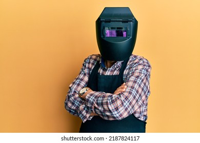 Repair Man Wearing Professional Welding Mask Over Head Covering Face For Protection