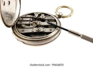 Repair An Old Pocket Watch On White Background