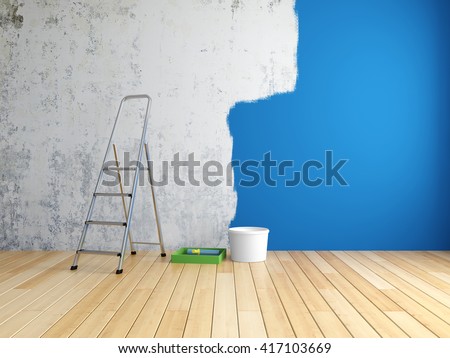 Repair and painting of walls in room. 3D illustration.