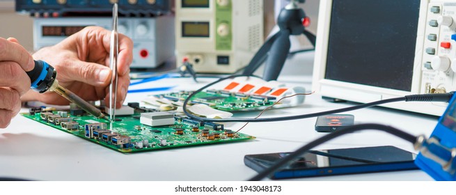 To repair the PCB of a modern monitor at the service center. Laboratory electronic processor technology