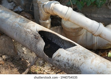 Repair And Replacement Of Broken Waste Water Pvc Plastic Sewer Pipe, Drainage Of Waste Water From The House. Close-up