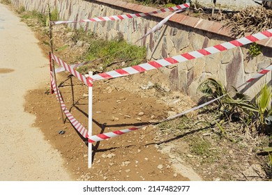 Repair Of A Section Of The Road, Fenced With A Red Tape So That No One