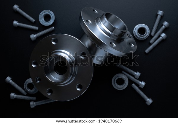Repair service. Auto motor mechanic
spare or automotive piece on dark background. Set of new metal car
part. Repair and vehicle service with space for
text