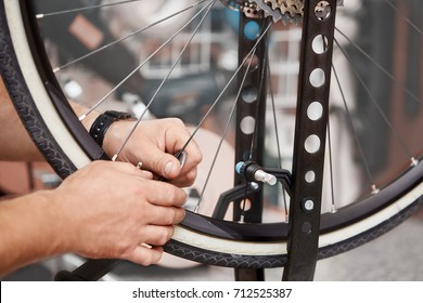 Repair Technician Bicycles Was Repaired Gear Bike Shop.