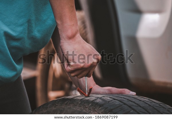 Repair Tires Recap patch a tyre ,Flat tire The tire\
is leaking from the nail Can a Tire be Repaired by self,Patch on a\
Punctured Tire