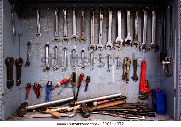 Repair tool cabinet Which is full of equipment\
for industrial work in the\
factory