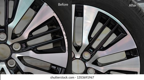 Repairing alloy wheels with metal shadows, before repairing and after repairing - Shutterstock ID 1353691967