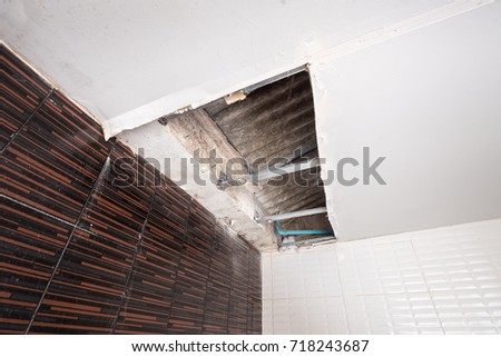 Repairing Water Leak Damaged Ceiling Rainy Stock Image