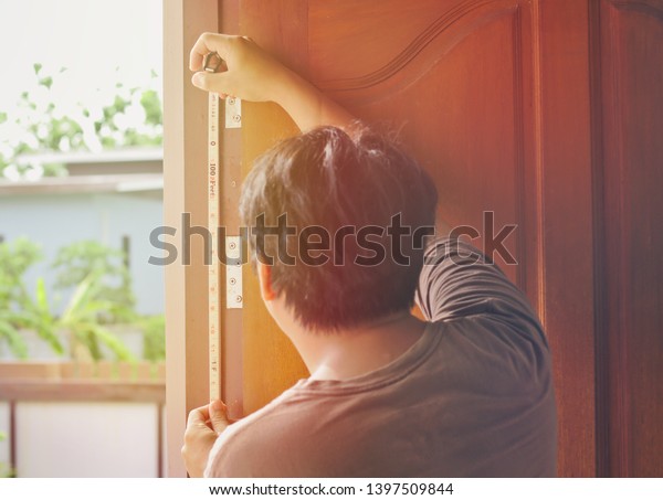 Repairing Work Door Measuring Height Door Stock Photo Edit