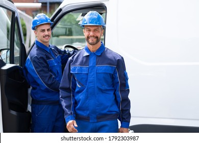 Repairman Electrician Man Or Repair Technicians Near Van Car