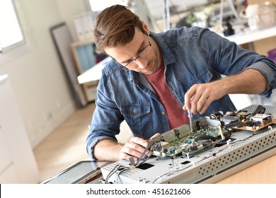 Repairman Fixing Tv Set