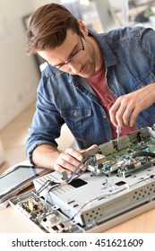 Repairman Fixing Tv Set