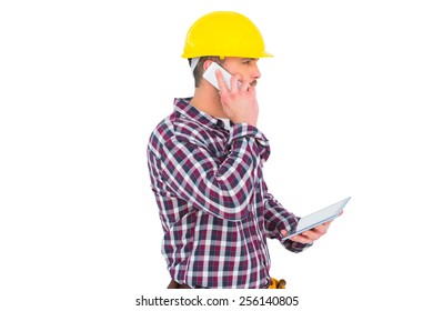 Repairman On The Phone Holding Tablet Pc On White Background