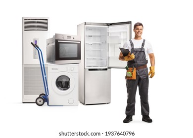 Repairman Posing With Domestic Electrical Appliances Isolated On White Background