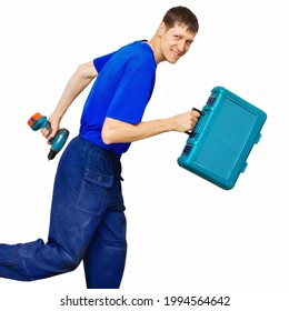 A Repairman Or Utility Worker Rushes To The Rescue With Tools. A Portrait Of A Positive Caucasian Guy In Work Clothes With A Screwdriver Runs To A Call To A Client. Isolated On A White Background.