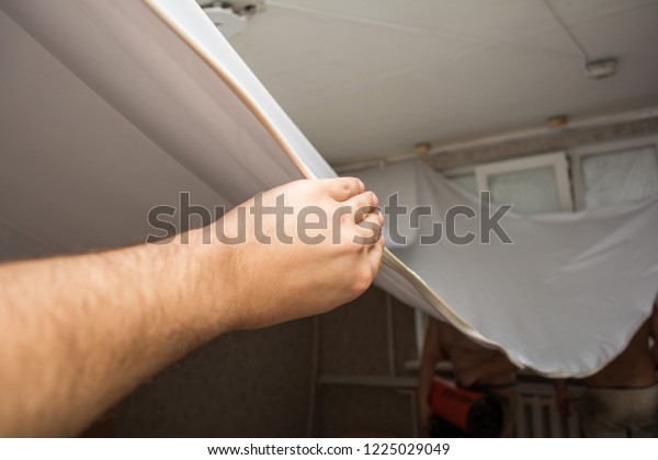 Repairmen Install Stretch Ceiling Made Pvc Stock Photo Edit