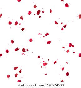 Repeatable, studio photographed, flying rose petals in red, with bokeh particles and depth of field, isolated on white.