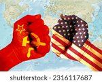 Repeated exposure of USSR and USA flags with fists. A metaphor for the Cold War between the two countries. Flag of the USSR (1922-1991). American flag (50 stars)