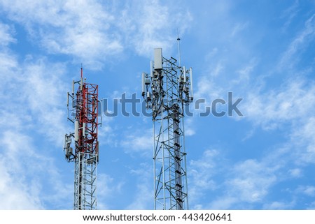 repeater communication and telecommunication tower with blue sky