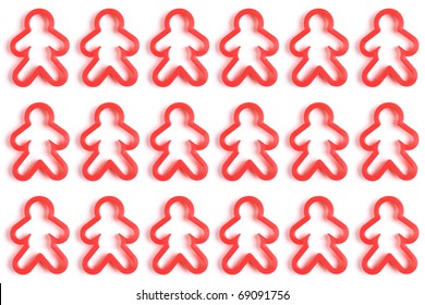 Repeating pattern of red cookie cutter men isolated on a white background.