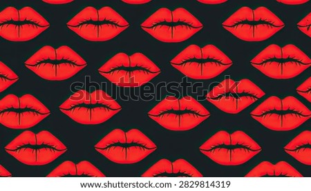 A repeating pattern of vibrant red lips against a dark, textured background, creating a bold and graphic visual.