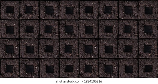 Repeating Seed Starter Soil Block Texture. Seamless Tilling Pattern Of Brown Compressed Wet Potting Soil Made With Soil Block Maker, Ready For Seeds Or Smaller Soil Blocks. Garden Background Texture.