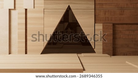 Repeating triangular cutouts in the wood form an arched tunnel-like passage, accentuating the natural patterns of the wood grain