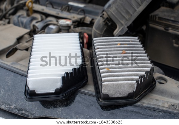 Replacing the car engine air filter. The photo shows\
an old dirty filter and a new one. The filters are located on the\
engine compartment of the\
car.