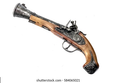 Replica Of An Antique Flintlock, An Old Colonial Era And Pirate Pistol Similar To A Musket But Smaller To Be Used As A Hand Gun, Isolated On White