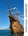 Replica of the caravel where Christopher Columbus traveled in the discovery of America docked in Baiona, Pontevedra, Spain