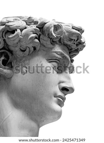 The replica of David, statue by Michelangelo isolated on white background. Closeup on head picture is taken in the Piazza della Signoria in Florence, Italy